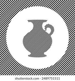 A large antique vase symbol in the center as a hatch of black lines on a white circle. Interlaced effect. Seamless pattern with striped black and white diagonal slanted lines