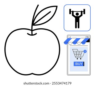Large apple icon a fitness icon with person lifting weights and shopping cart on mobile screen. Ideal for health, fitness, online shopping, nutrition, wellness, and modern lifestyle