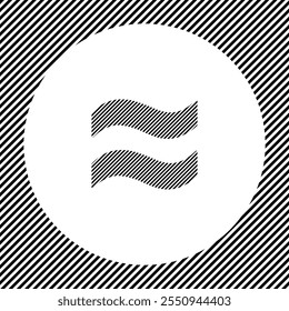 A large approximately equal symbol in the center as a hatch of black lines on a white circle. Interlaced effect. Seamless pattern with striped black and white diagonal slanted lines