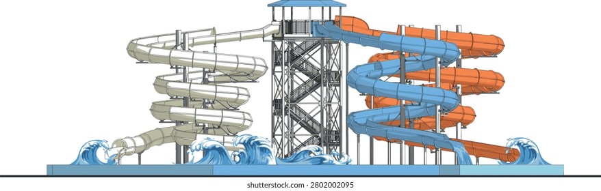 Large Aqua Park Water Slide Complex with Spiral Tubes, Central Lookout Tower, and Splashing Pool Waves for Summer Vacation Amusement and Recreation Industry.eps