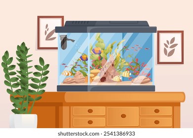 Grande aquário com peixes tropicais, plantas e um ornamento de castelo em um armário de madeira, representando uma configuração elegante aquário interior. Ideal para decoração de casa e imagens de cuidados com animais de estimação. Ilustração vetorial.