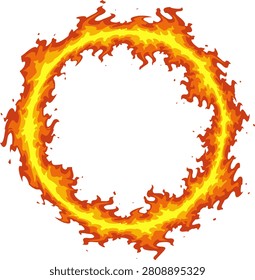 Large arc of layered flames in yellow, orange, and red against white background stylized fire ring. Vector illustration