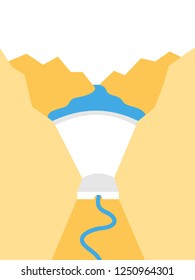 Large arch gravity dam in the canoyn and valley. Water reservoir and hydroelectric plant for electricity. Big wall as barrier to retain water. Vector illustration