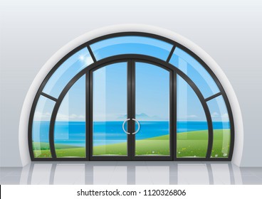 A large arched door with a window. Entrance to the building. Vector graphics