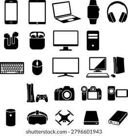 Large array of essential tech hardware icons including input peripherals output devices and multimedia gadgets presented in clean black vector silhouette format.