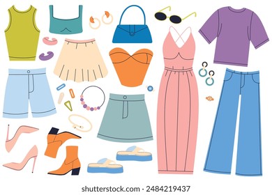 Una Grande gama de ropa de mujer de moda. Ilustración vectorial en estilo de dibujos animados planos. Conjunto de iconos de ropa. Faldas, pantalones, joyas, bolsos, zapatos.