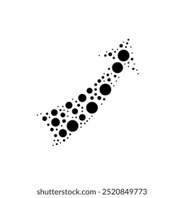 A large up arrow in the center made in pointillism style. The center symbol is filled with black circles of various sizes. Vector illustration on white background