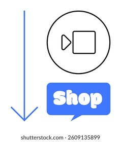Large arrow pointing downward alongside a video play icon inside a circle with a speech bubble containing text Shop. Ideal for online shopping, navigation, e-commerce, video content integration