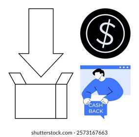 Large arrow pointing to an open box. Dollar symbol in a black circle. Man holding cashback sign on computer screen. Ideal for online shopping, savings programs, reward systems, cashback benefits