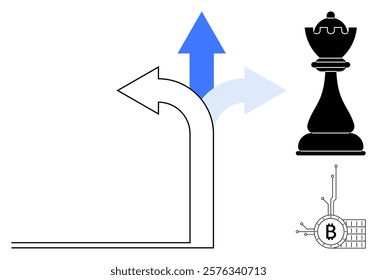 A large arrow takes a left turn, while smaller arrows continue straight upwards. A black chess piece stands to the right, along with a Bitcoin symbol. Ideal for decision-making, strategy, direction