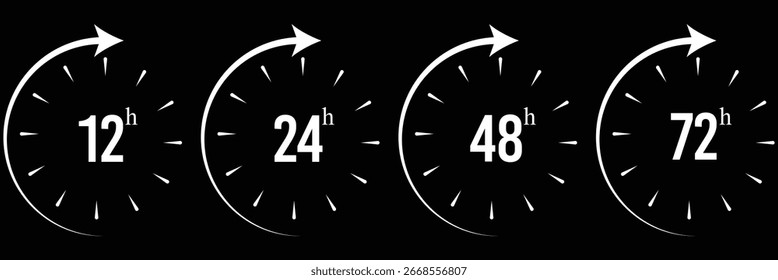 Grandes relojes de línea de tiempo con flechas. Conjunto Horizontal azul de tres relojes abiertos. Fila roja de cuatro relojes con progreso estrecho. Icono de 12, 24, 48 y 72 horas. Icono de Vector abierto las 24 horas. Protección de seguridad 24 h