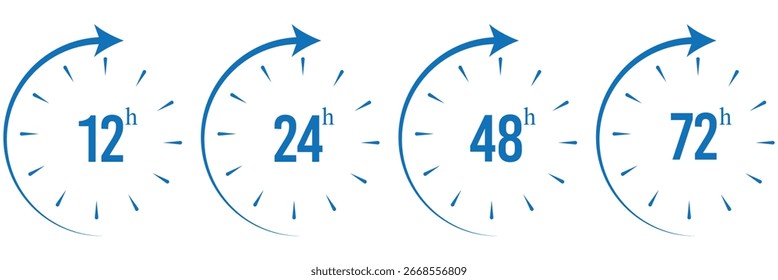 Relógios de Linha do Tempo Grandes Setas. Conjunto horizontal azul de três relógios abertos. Fila vermelha de quatro relógios com progresso em flecha. Ícone de 12, 24, 48 e 72 horas. 24 horas Ícone de vetor aberto. Proteção de segurança 24 h