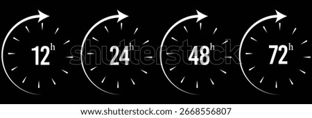 Large Arrowed Timeline Clocks. Blue horizontal set of three open clocks. Red row of four clocks with arrowed progress. 12, 24, 48 and 72 hours icon. 24 Hours Open vector icon. Security Protection 24 h