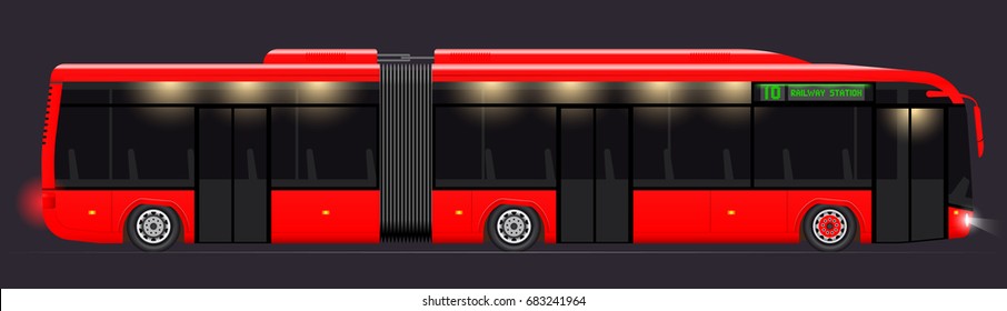 Large articulated bus. Red with modern design. Side view. Translucent windows.