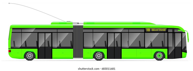 Large articulated trolleybus. yellow with modern design. Side view. Translucent windows. Contact network and road.
