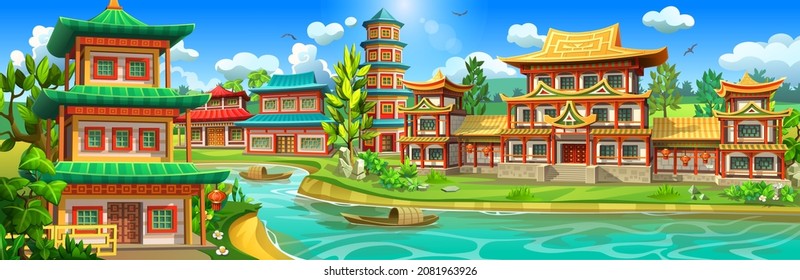 A large Asian village of national houses, on the banks of a mountain river. Palaces, temples, pagodas surrounded by picturesque nature. 