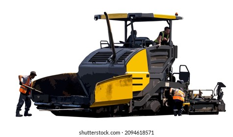 Large Asphalt Paver And Workers Next To Him, Isolated On A White Background. 3d. Road Construction. Vector Illustration.