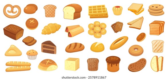 Large assortment of bakery products featuring various breads, loaves, buns, muffins, waffles, cookies, cakes, and pastries, creating a colorful and tempting display