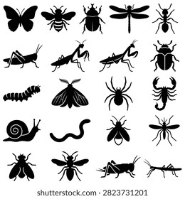 Large assortment of black insect silhouettes featuring butterflies bees spiders grasshoppers and many other bugs