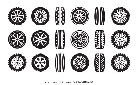 Large assortment of black and white automobile wheels and tire treads, offering a variety of designs.