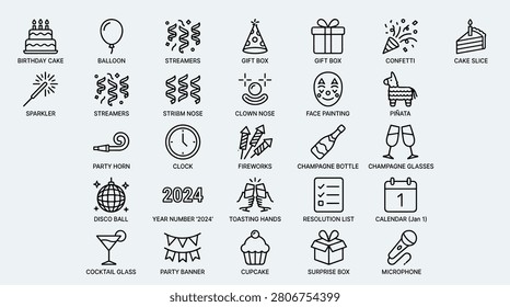 Large assortment of celebration themed outline icons featuring party favors New Year symbols and birthday elements for greeting cards festive website banners and commercial marketing collateral with clean stroke lines and whimsical festive aesthetic for all types of events.