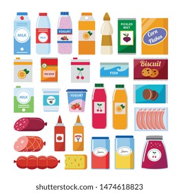 Large assortment and choice of grocery store and supermarket with food and product. Set of food and product of grocery shelf with milk and fish, isolated vector flat illustration.