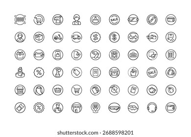 A large assortment of circular, hand-drawn icons representing various aspects of shopping and e-commerce, ideal for digital platforms.