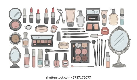 Large assortment of makeup products including lipstick, brushes, eyeshadow, mirrors, and nail polish is artistically arranged in a set.