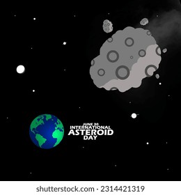 A large asteroid passing through the earth with stars and bold text on black background to commemorate International Asteroid Day on June 30