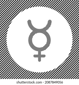 A large astrological mercury symbol in the center as a hatch of black lines on a white circle. Interlaced effect. Seamless pattern with striped black and white diagonal slanted lines