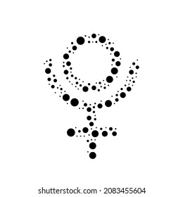 A large astrological pluto symbol in the center made in pointillism style. The center symbol is filled with black circles of various sizes. Vector illustration on white background