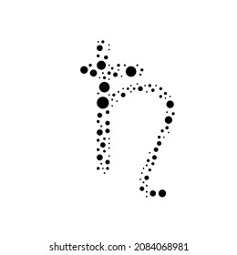 A large astrological saturn symbol in the center made in pointillism style. The center symbol is filled with black circles of various sizes. Vector illustration on white background