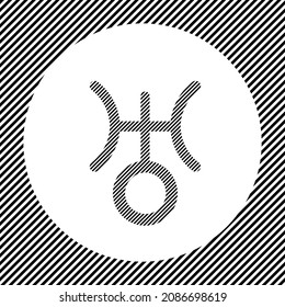 A large astrological uranus symbol in the center as a hatch of black lines on a white circle. Interlaced effect. Seamless pattern with striped black and white diagonal slanted lines