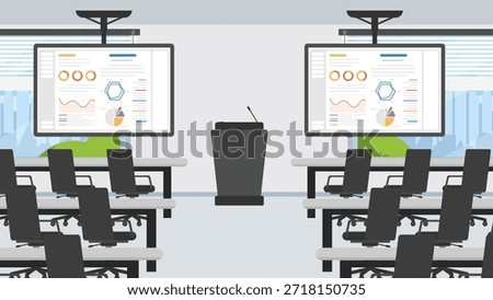 Large audience conference hall with sitting table place, Speaker presentation podium with big display screen data showing.