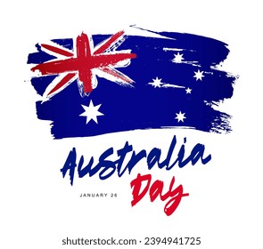 Large Australian flag. The inscription is January 26 - Australia Day. Day of the first landing. Vector illustration on a white background.