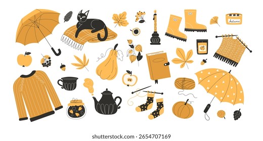 Large autumn fall flat style collection of seasonal elements including umbrella rubber boots sweater knitting cat hot drinks leaves nuts pumpkins and mushrooms