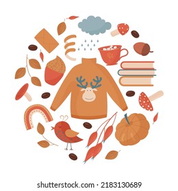 large autumn kit. sweater with deer, pumpkin, falling leaves, stack of books and cup of hot cacao, bakery, forests gifts and more