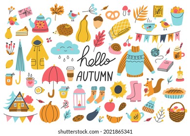 Large autumn set with hand lettering. Seasonal clothing, home comfort, harvest, forest animals and plants. Vector illustrations in a flat style. Design for paper products, clothing, postcard design.