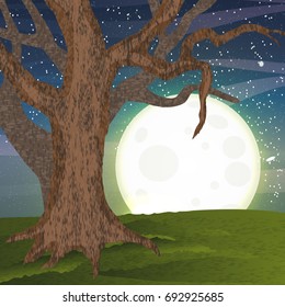 A large autumn tree without leaves on a green meadow. The night sky with a full round moon, stars, meteorites and clouds. Vector landscape can be used in newsletter, brochures, postcards, banner.