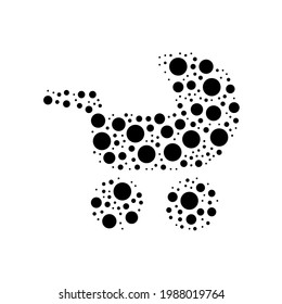 A large baby carriage symbol in the center made in pointillism style. The center symbol is filled with black circles of various sizes. Vector illustration on white background