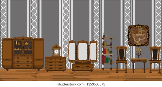 Large background in the form of an old living room with table, wardrobe and clock and wooden floor.