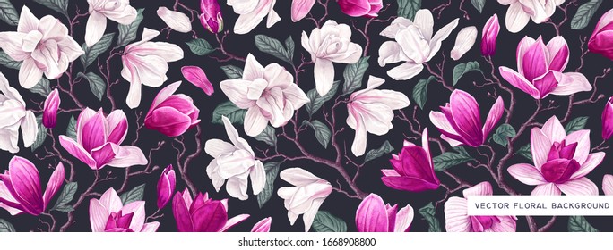 Large background for social networks with spring flowers of white and pink magnolias. Highly realistic and detailed branches with flowers, leaves and petals. Template for covers, posts, banners.