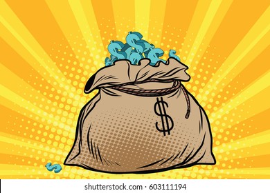 Large bag of American dollars. Pop art retro comic book vector illustration