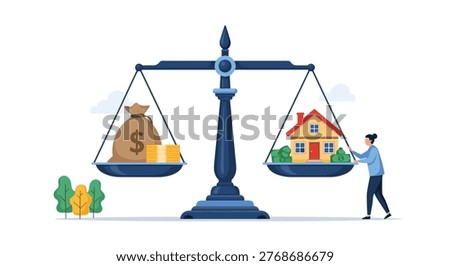 Large balance scale weighing a bag of money and gold coins against a residential house with a woman standing by the side.