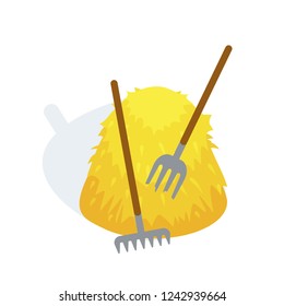 Large bale of hay after haymaking, with rakes and forks. Dried haystack, agriculture, hayloft. Farmland, country plot of land, feed for cattle. Isometric vector.