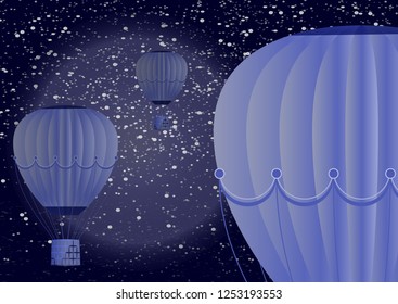 Large balloon on a dark night cosmic background with planets and bright stars. Fantasy. Vector illustration