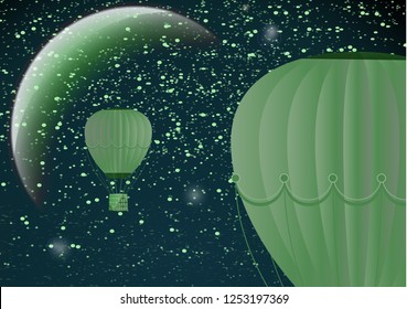 Large balloon on a dark night cosmic background with planets and bright stars. Fantasy. Vector illustration