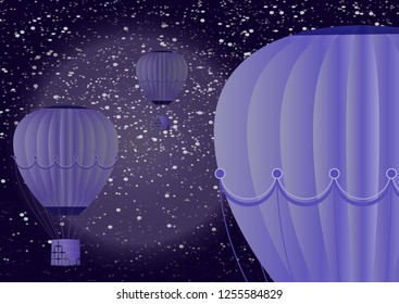 Large balloon on a dark night cosmic background with planets and bright stars. Fantasy. Vector illustration