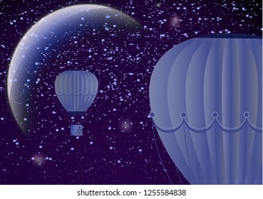 Large balloon on a dark night cosmic background with planets and bright stars. Fantasy. Vector illustration