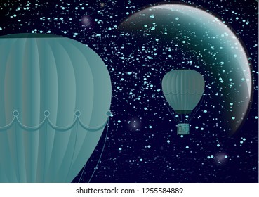 Large balloon on a dark night cosmic background with planets and bright stars. Fantasy. Vector illustration